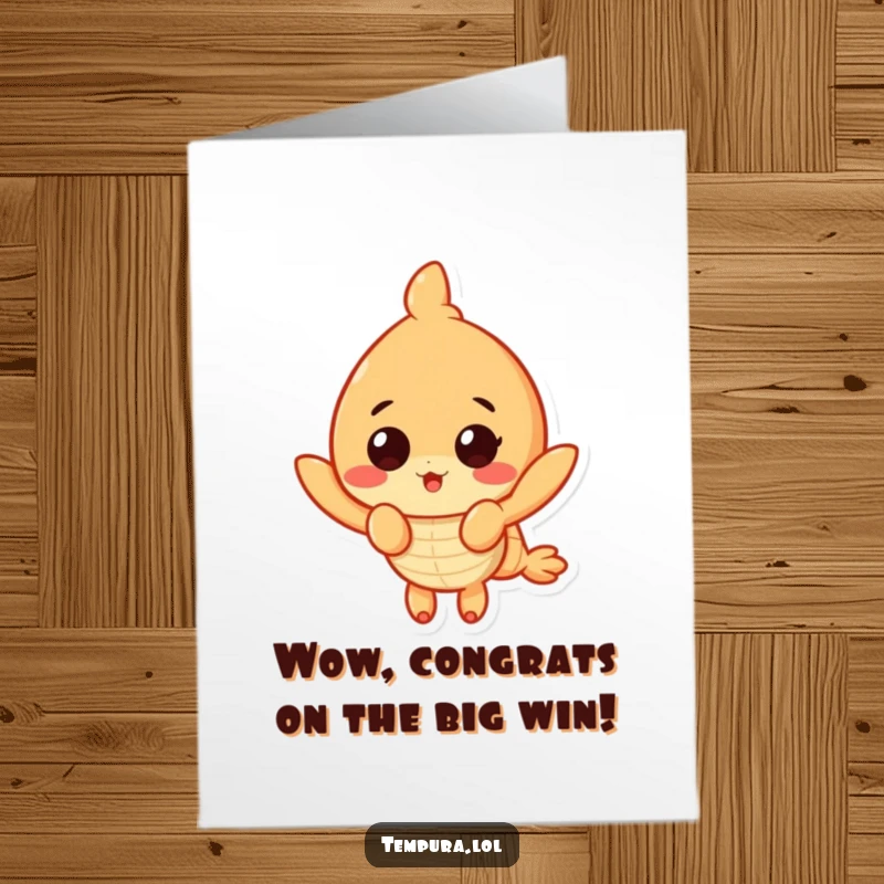 Funny Free Printable Congratulations Card showing a tempura shrimp character with wide, surprised eyes, celebrating big news.