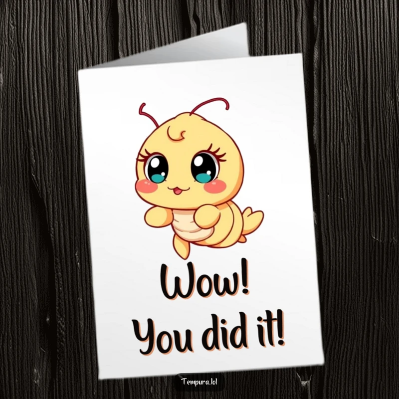 Funny Free Printable Congrats Card: A tempura shrimp character with wide, amazed eyes, celebrating a fantastic achievement.