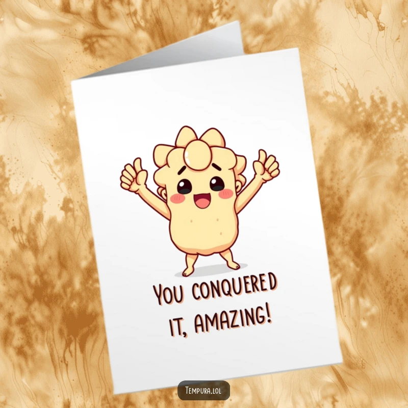 Funny Free Printable Congratulations Card: Tempura character striking a funny, triumphant pose, celebrating a win.
