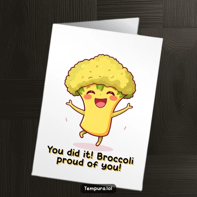 Free Printable Congratulations Card with a grinning tempura broccoli character joyfully dancing for a special occasion.