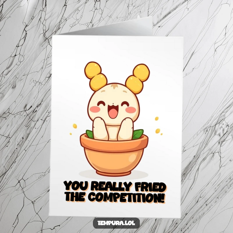 Free Printable Congratulations Card: A happy tempura piece jumps energetically into a small pot.