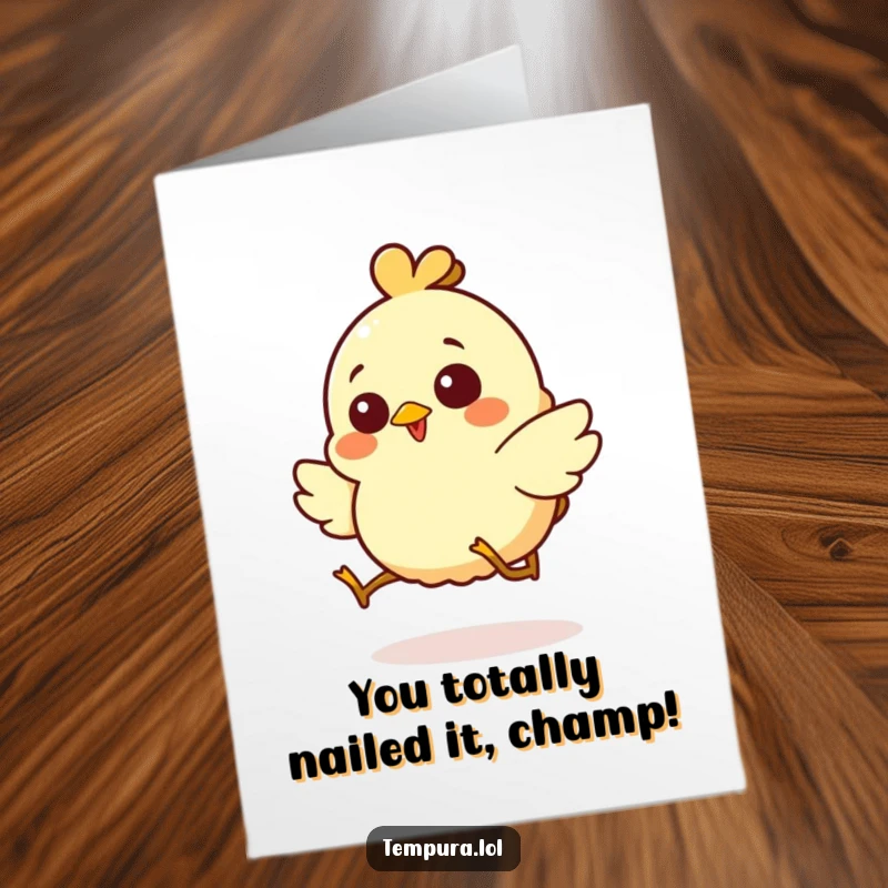 Funny Free Printable Congratulations Card: Giggling chicken tempura character performing a silly, triumphant hop for joyous occasions.