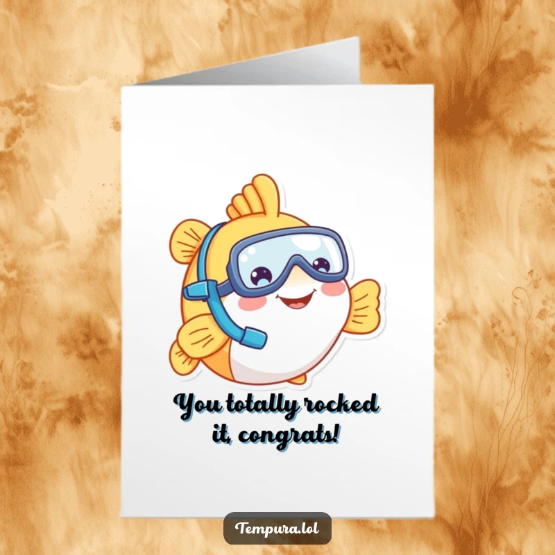 Funny Free Printable Congratulations Card with a smiling tempura fish character sporting a tiny snorkel, celebrating achievements with zest.
