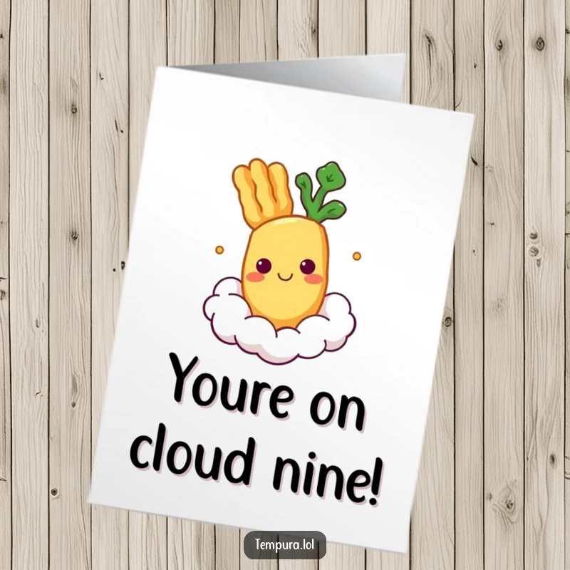 Funny Free Printable Congrats Card: A happy tempura vegetable floats on a cloud, celebrating achievements. Downloadable joy.