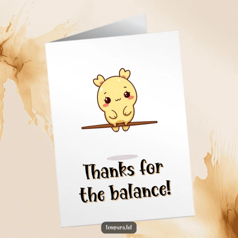 Funny Free Printable Thank You Card of a tempura character balancing perfectly on a single chopstick.