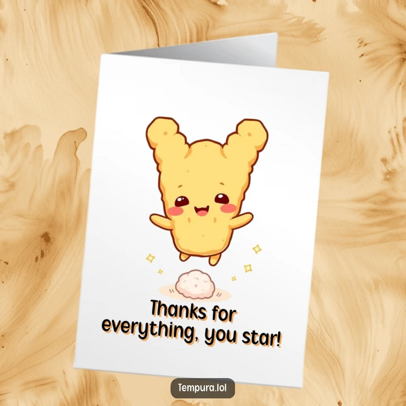 Funny Free Printable Thank You Card featuring a happy tempura character energetically bouncing a tiny, sparkling rice ball, expressing thanks.