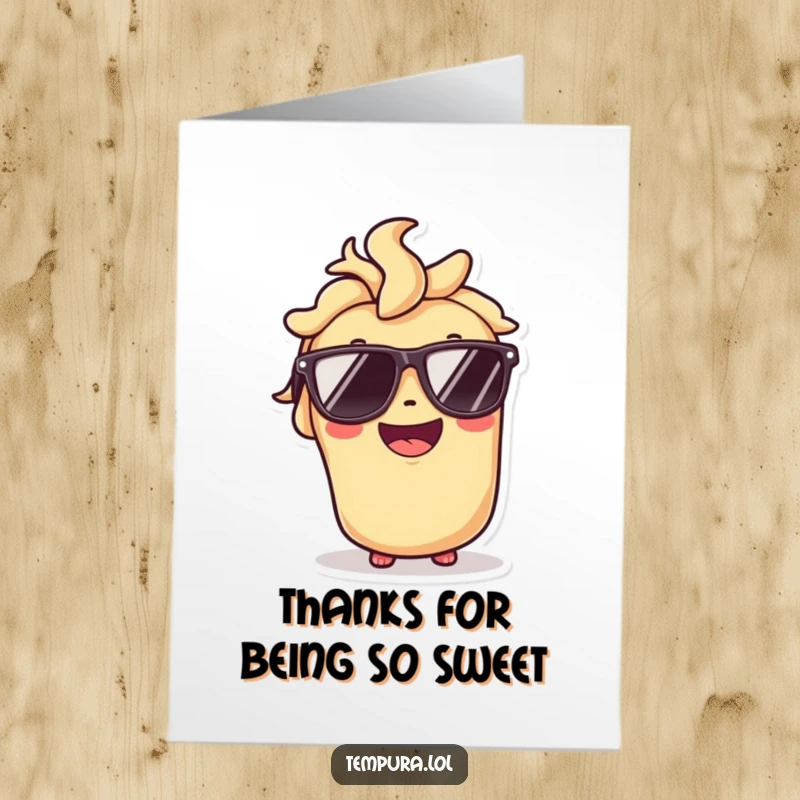 Funny Free Printable Thank You Card: Tempura roll character wearing sunglasses and smiling broadly, conveying cool thanks.