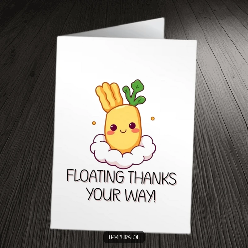 Funny Free Printable Thank You Card: A smiling tempura vegetable character floats on a cloud, sending thanks. Downloadable peace.