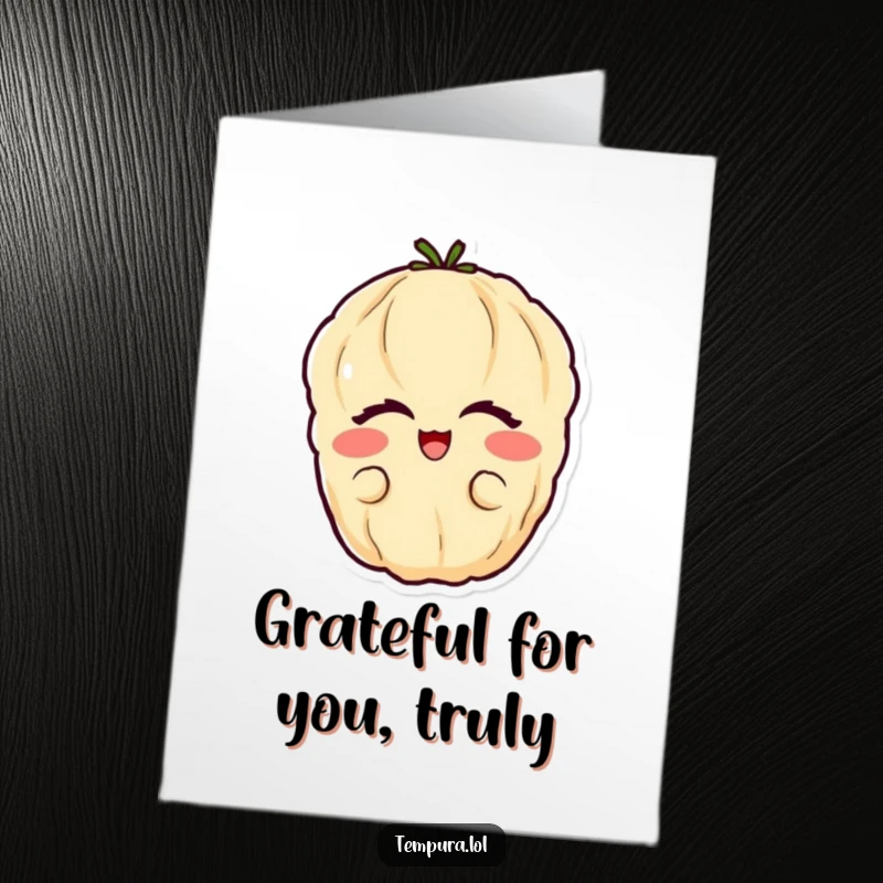 Funny Free Printable Thank You Card: A tempura vegetable with closed eyes, radiating pure glee and gratitude.