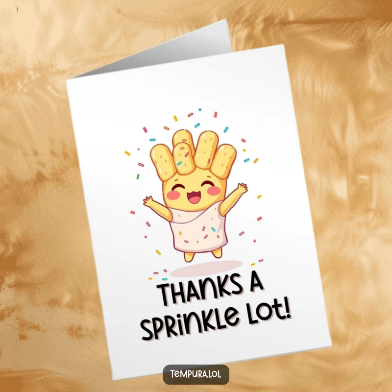 Funny Free Printable Thank You Card: Tempura character amusingly juggling a heap of colorful sprinkles.