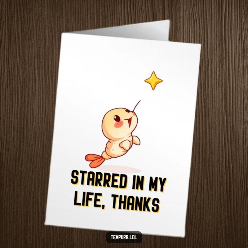 Funny Free Printable Thank You Card: Tempura shrimp surprisedly looking up at a falling star, expressing thanks.
