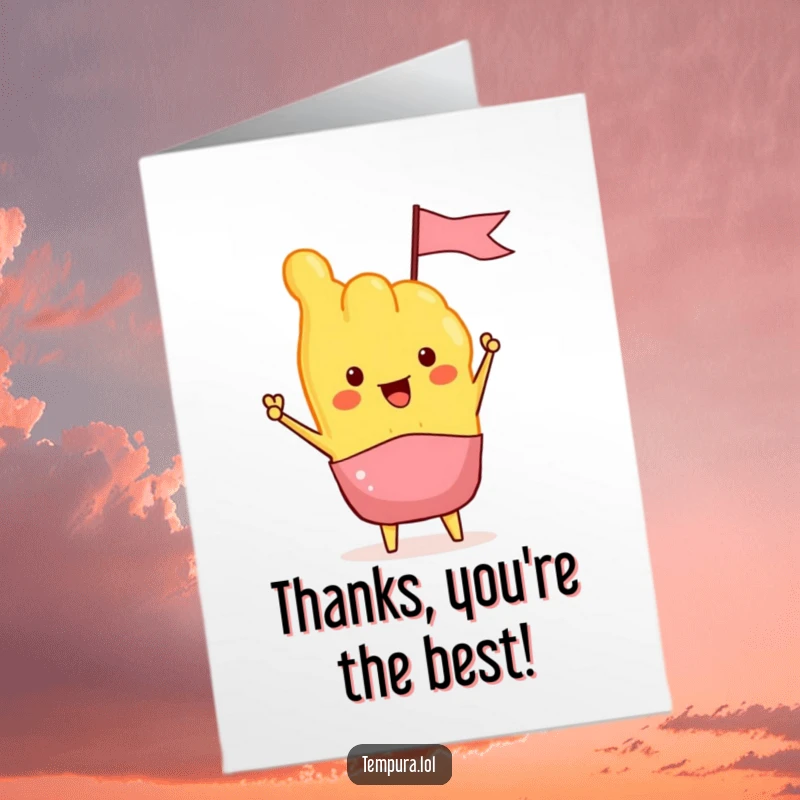 Funny Free Printable Thank You Card: A tempura character enthusiastically waves a tiny flag, offering a cheerful thank you.