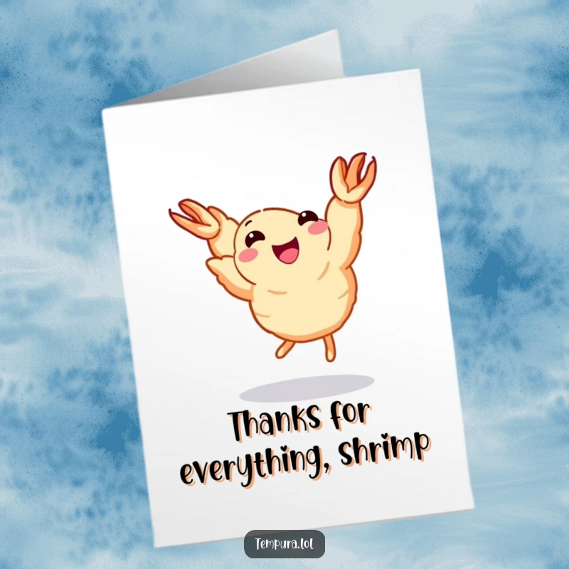 Funny Free Printable Thank You Card: A piece of tempura shrimp with tiny legs dances happily, sending thanks.
