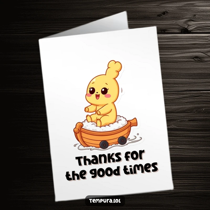 Funny Free Printable Thank You Card featuring a tempura character hilariously riding a small, rolling sushi boat to deliver a message of thanks.
