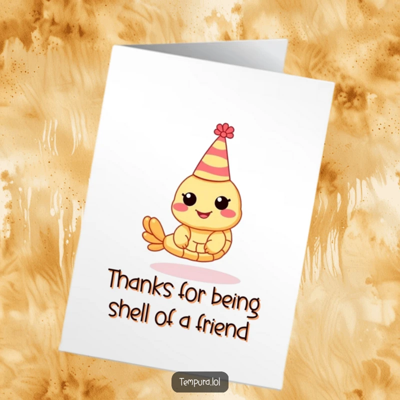 Funny Free Printable thank you card of a tempura shrimp wearing a party hat, expressing thanks cheerfully.