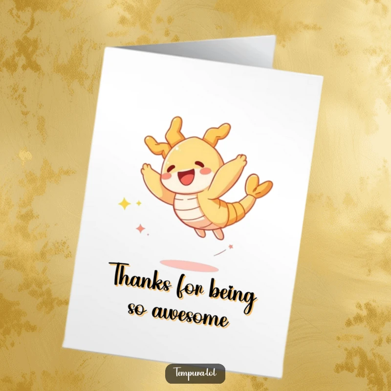 Funny Free Printable Tempura Shrimp Thank You Card: A happy tempura shrimp jumping with a trail of shiny sparkles.