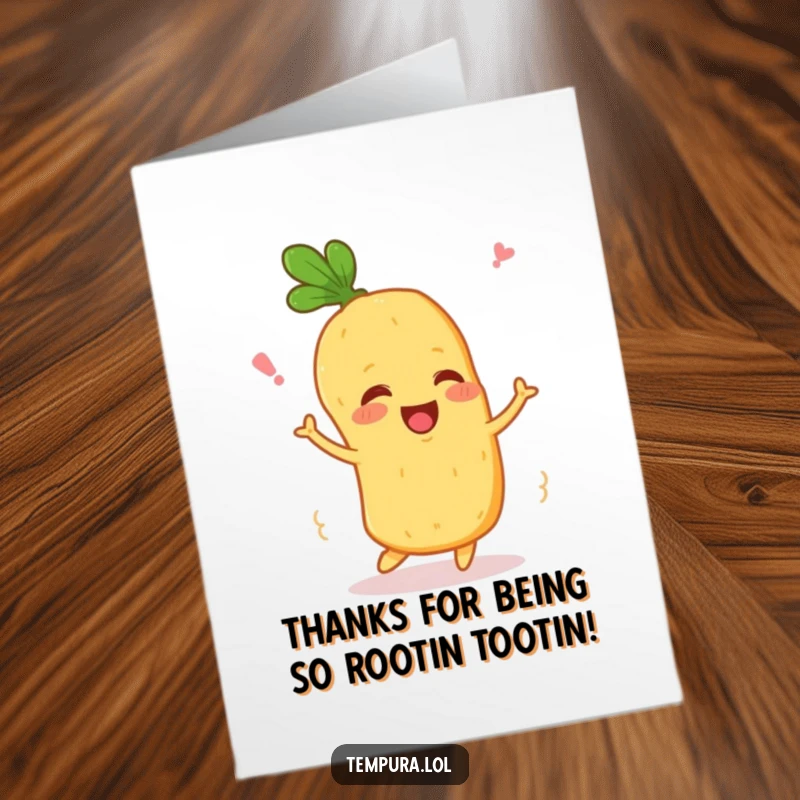 Funny Free Printable Thank You Card featuring a happy tempura vegetable character wiggling with gratitude, a unique thank you.