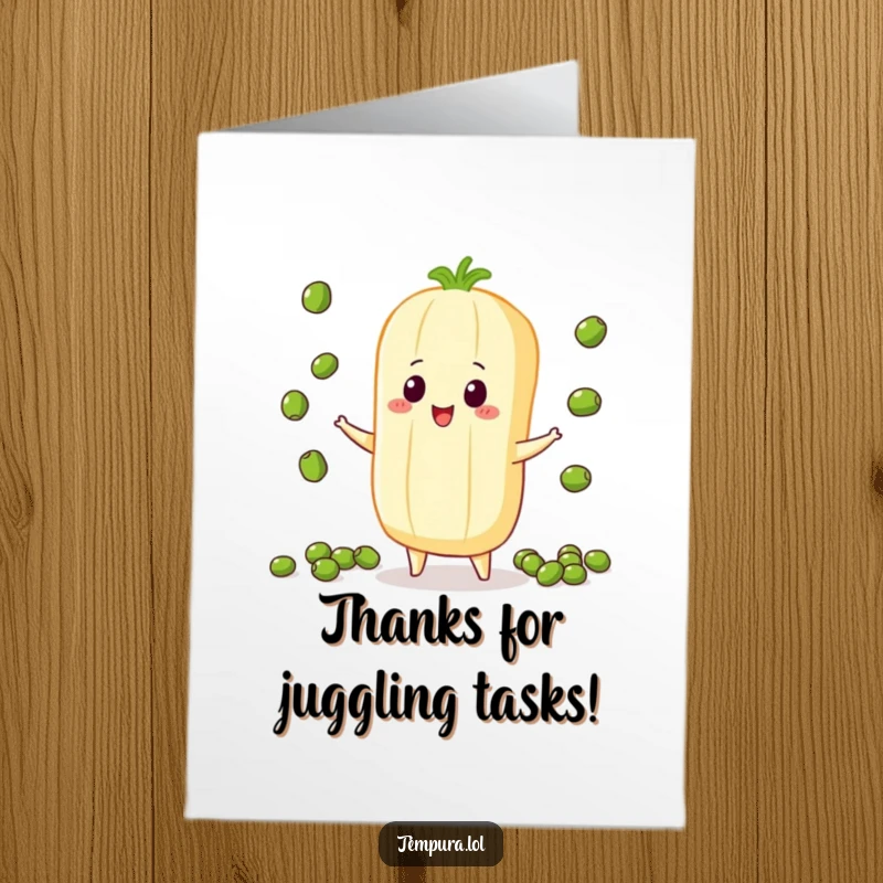 Funny Free Printable Thank You Card: A tempura vegetable character expertly juggling peas, a clever way to say thank you.