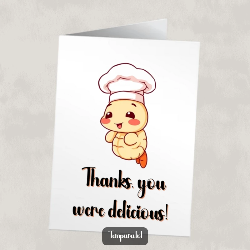 Funny Free Printable Thank You Card with a tempura shrimp wearing a chef hat, offering warm and humorous gratitude.