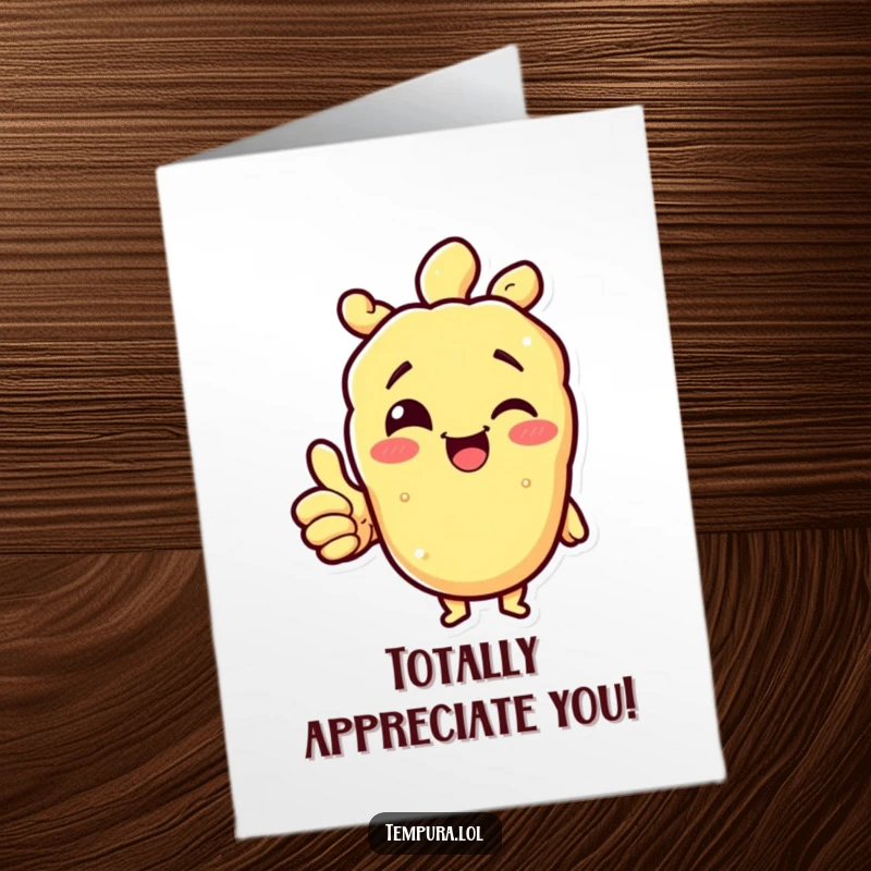 Funny Free Printable Thank You Card where a tempura character offers a cheerful wink and a thumbs up, conveying sincere appreciation with humor.
