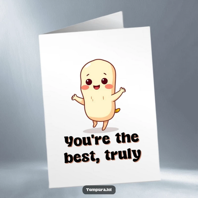 Funny Free Printable Thank You Card with a beaming tempura character doing a small, goofy dance, perfect for showing thanks.