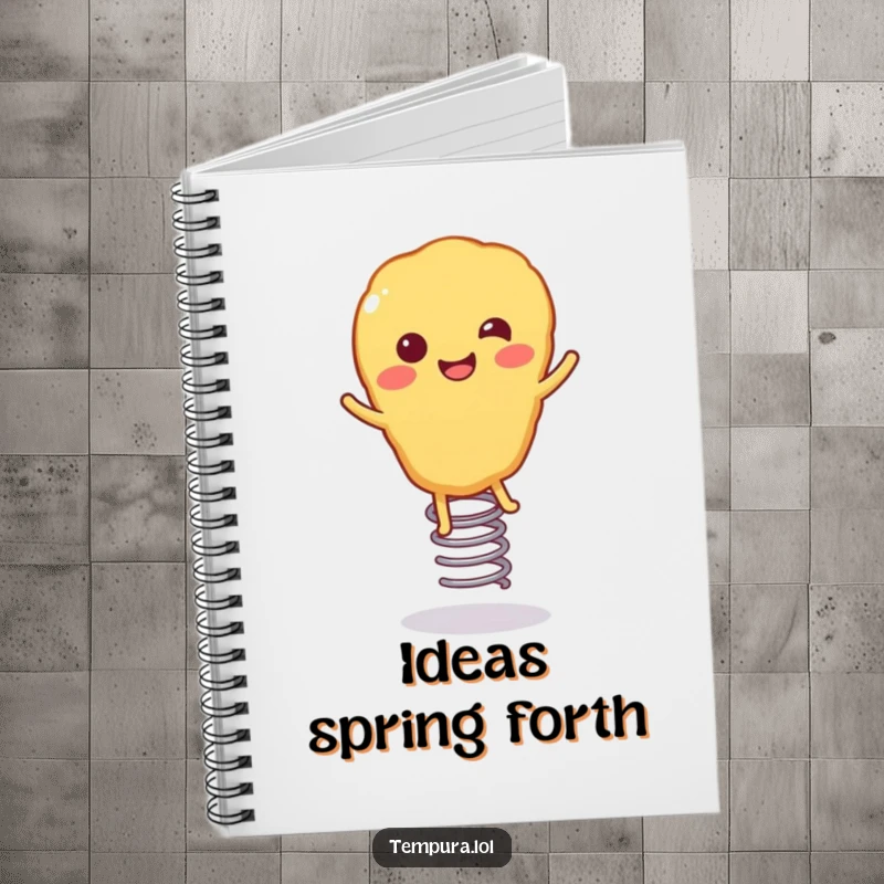 Funny Tempura Notebook: A happy, smiling tempura character with springy legs, captured mid-bounce for a dynamic and fun journaling experience.