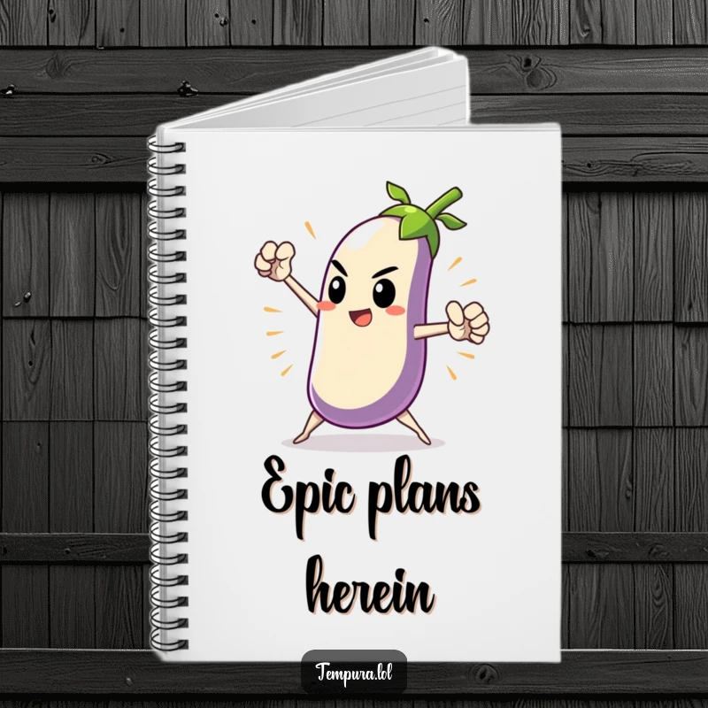 Funny Heroic Tempura Eggplant Notebook featuring a tempura eggplant character in a dramatic, heroic pose, perfect for jotting down ideas with a humorous, epic touch.