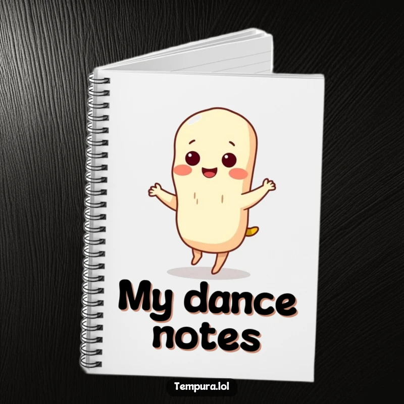 Funny tempura notebook with a smiling tempura character doing a small, energetic dance, inspiring creative thoughts and joyful entries.