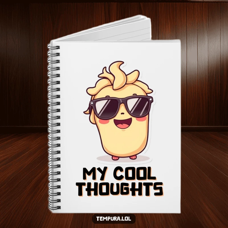 Funny notebook featuring a tempura roll character in sunglasses with a broad smile, ideal for jotting cool ideas.