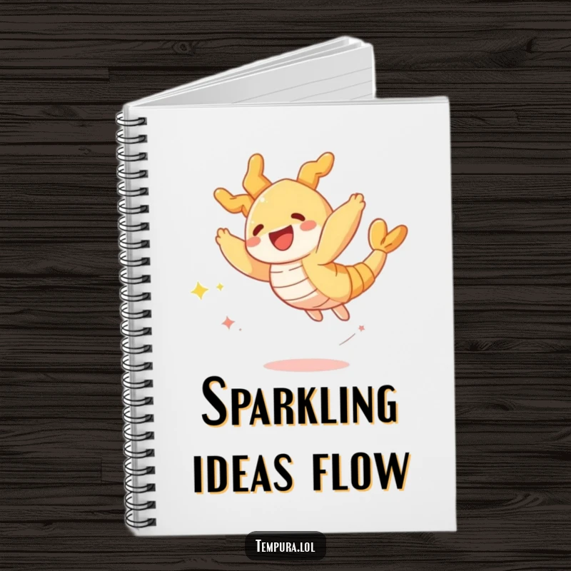 Funny notebook featuring a crispy tempura shrimp character leaping joyfully, trailing sparkles, inspiring creative thoughts and fun notes.
