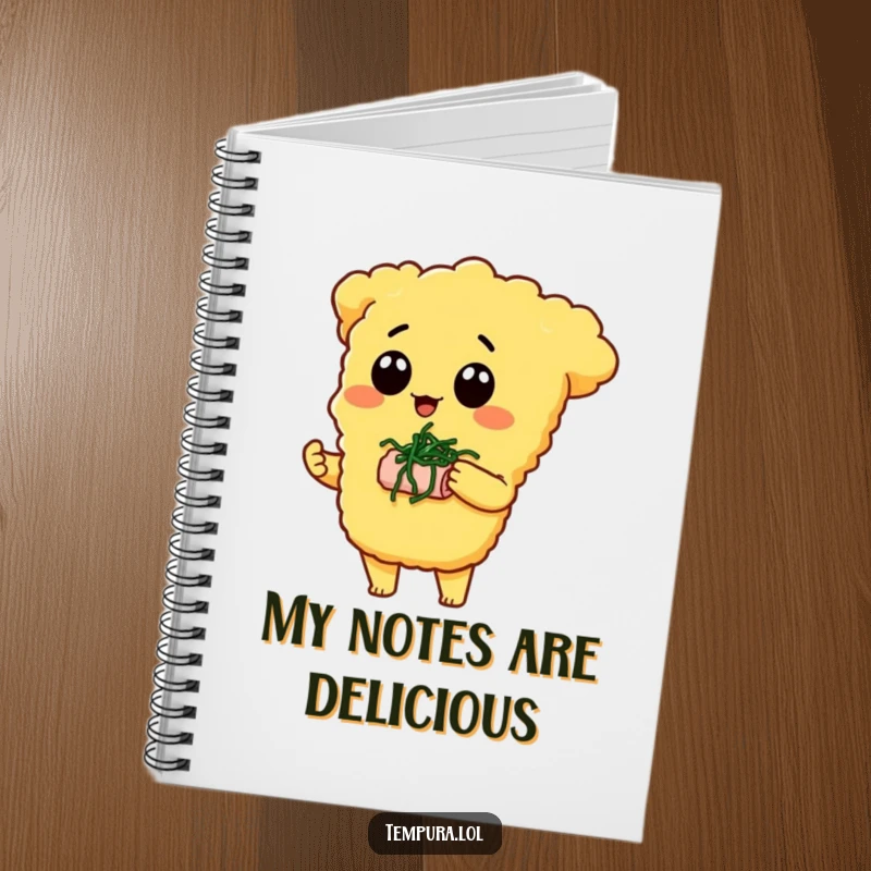 Funny Tempura Character Notebook: A tempura piece offers a tiny seaweed snack, providing a humorous and inspiring backdrop for your notes.