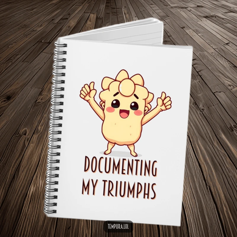 Funny notebook with a triumphant tempura character striking a victorious pose, ideal for noting down successes.