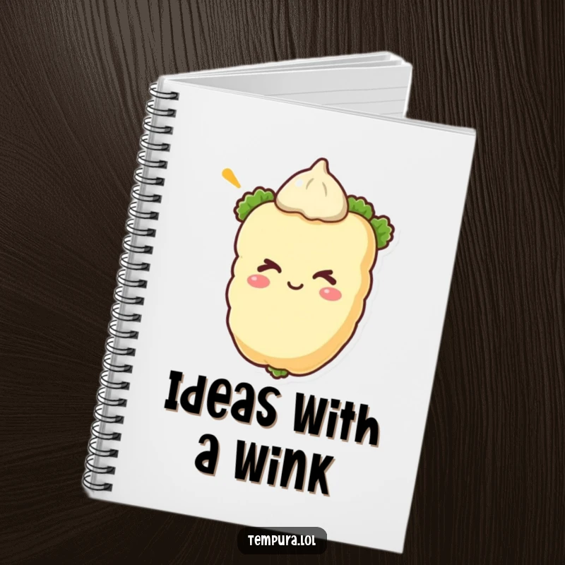 Funny tempura vegetable winking on a notebook, ideal for jotting down notes with a playful and humorous flair.