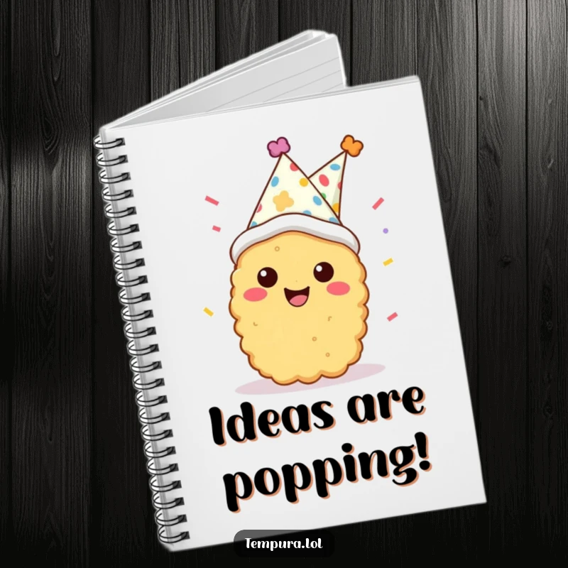 Funny tempura character wearing a party hat and confetti, smiling on the cover of a notebook, ready for notes.