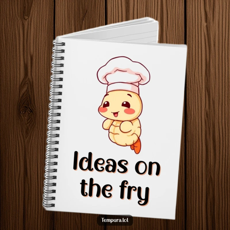 Funny notebook featuring a tempura shrimp sporting a chef hat, ready to jot down flavorful ideas and recipes.