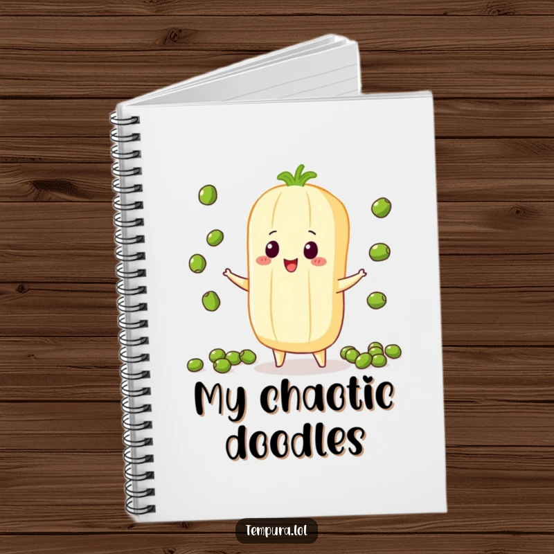 Funny Juggling Vegetable Notebook, illustrated juggling small peas, perfect for jotting down notes with a touch of playful skill.