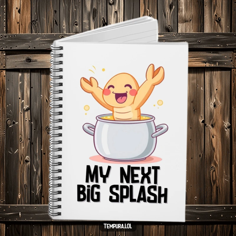 Funny tempura shrimp character joyfully leaping out of a cooking pot, gracing the cover of a useful notebook.