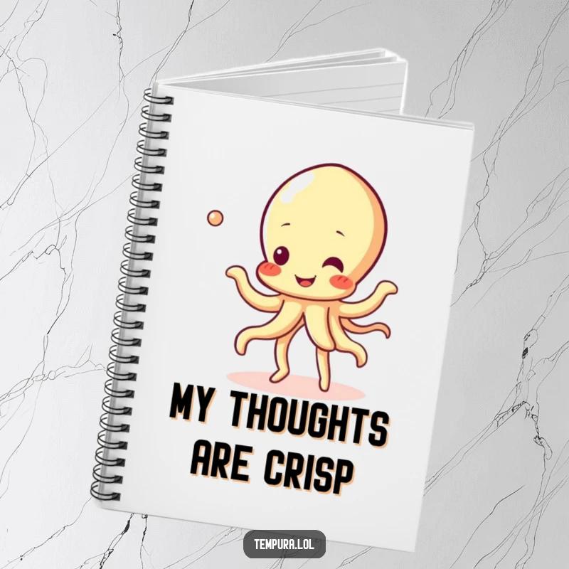 Funny Tempura Squid Notebook featuring a cheerful tempura squid character doing a bubbly dance, ideal for note-taking and creativity.