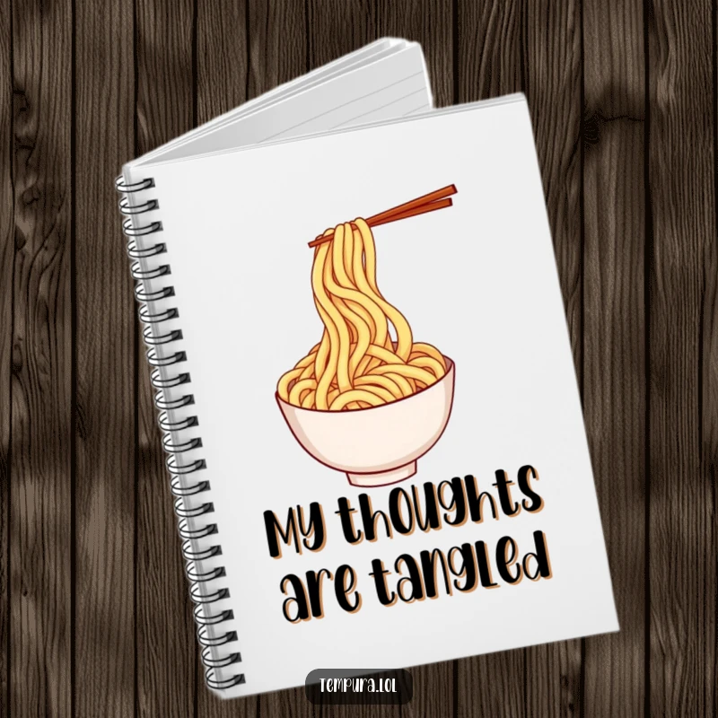 Funny tempura udon noodle notebook featuring a playful, twirling noodle character, great for notes.