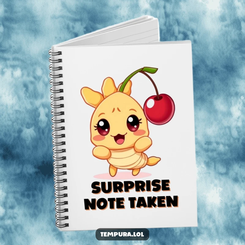 Funny Tempura Shrimp Notebook: A character with wide, surprised eyes reacting to a floating cherry, perfect for capturing thoughts with humor.