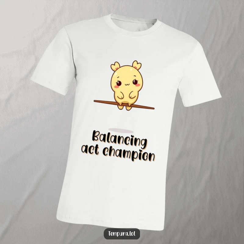 Funny Tempura Character T-Shirt: A tempura piece balances hilariously on a single chopstick, showcasing impressive food-based acrobatics.