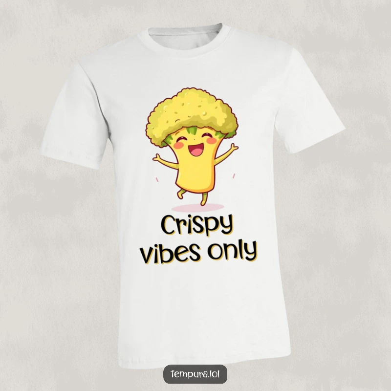 Funny Tempura Broccoli Dance T-Shirt: A happy tempura broccoli character captured mid-dance, radiating pure, unadulterated joy and silliness.