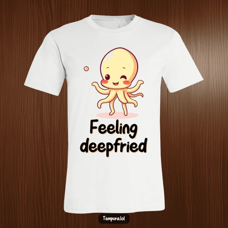 Funny Tempura Squid T-Shirt displaying a happy, dancing tempura squid character creating a bubbly underwater or kitchen scene.
