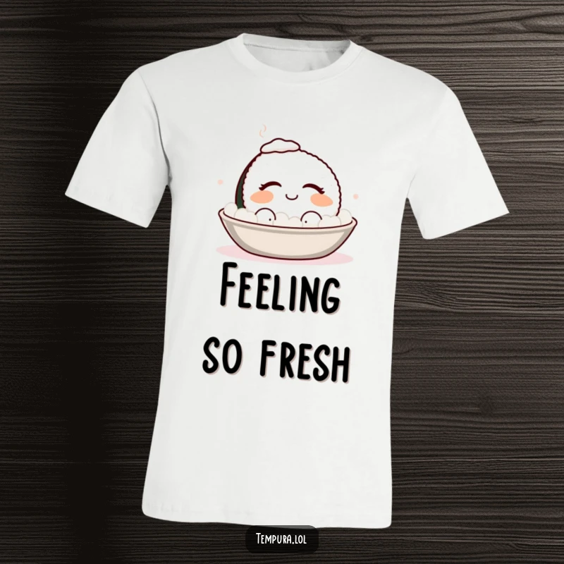 Funny smiling sushi with eyes closed, enjoying a warm bath, a humorous t-shirt for food lovers seeking peace.