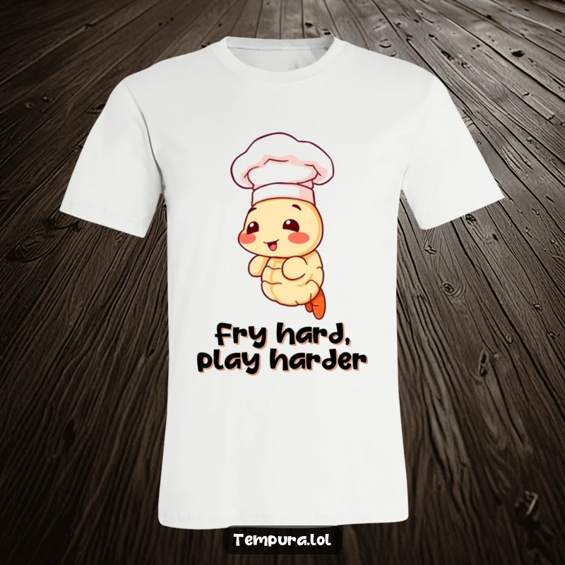 Funny t-shirt showcasing a tempura shrimp wearing a small chef hat, exuding culinary confidence and humor.