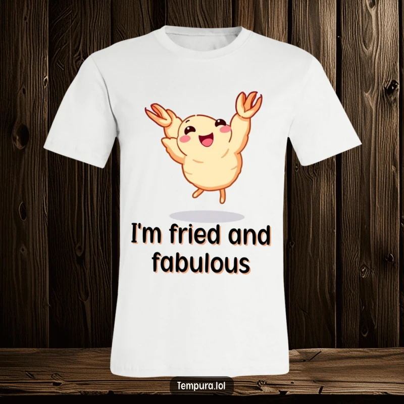 Funny Dancing Shrimp T-Shirt: A piece of tempura shrimp with adorable tiny legs is captured mid-dance, looking funny.