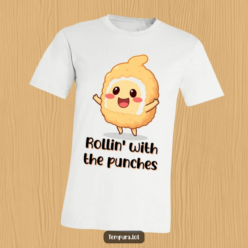 Funny tempura sushi piece smiling and energetically doing a little dance, printed on a cool t-shirt.