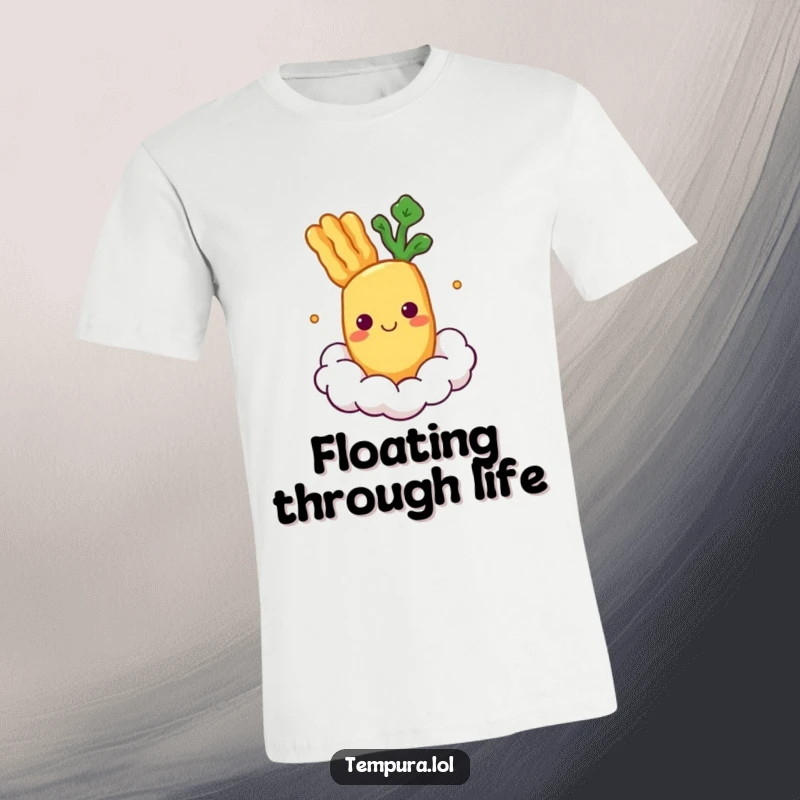 Funny T-Shirt showcasing a happy tempura vegetable character blissfully floating on a cloud.