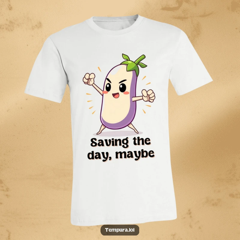 Funny Heroic Tempura Eggplant T-Shirt showing a tempura eggplant character in a dramatic, heroic pose, a humorous and bold apparel choice.