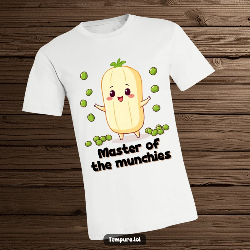 Funny Juggling Vegetable T-Shirt, illustrated juggling small peas with impressive dexterity, conveying skill and playful humor.